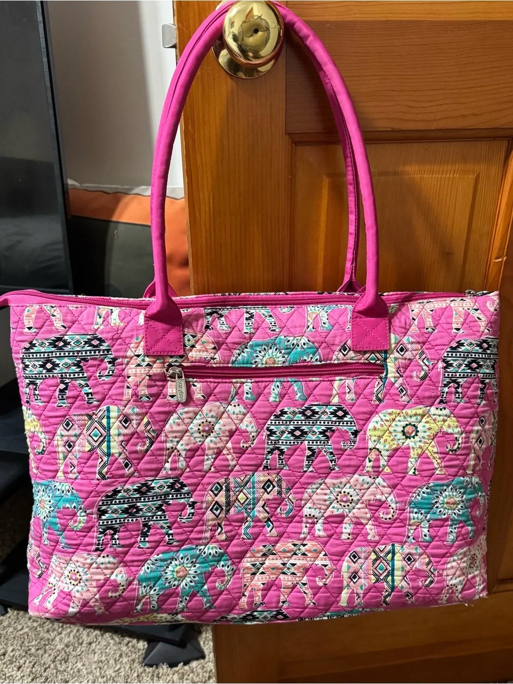 Pink Quilted Elephant Print Tote Bag and Matching Small Bag